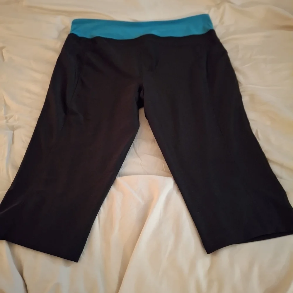 Avia Women's Black Cropped Leggings with Blue Wide Waistband
